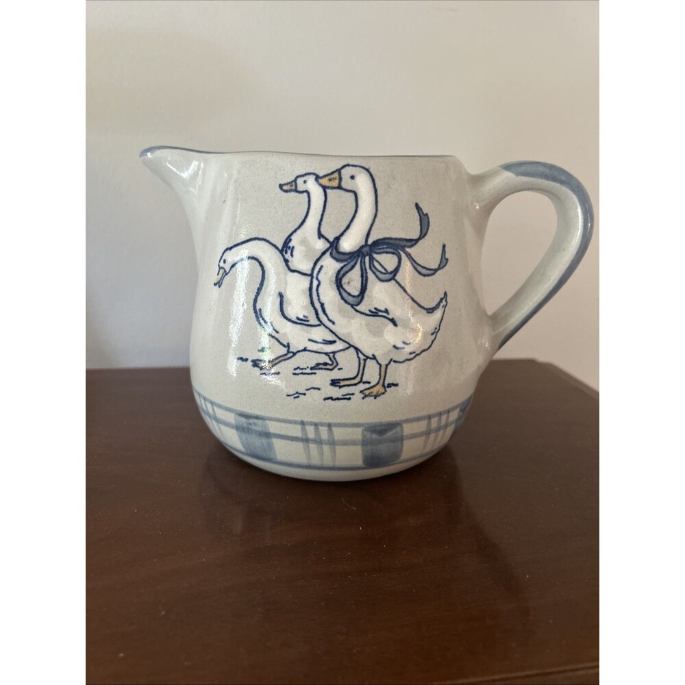 Louisville Stoneware Small Hand Painted Pottery Pitcher Gray / Blue - 3 Geese